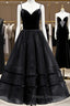 A Line V Neck Tea Length Black Velvet Formal Prom Dress, Black Tea Length Graduation Homecoming Dress