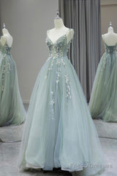 A-Line V Neck Tulle Beaded Applique Long Prom Dress, Spaghetti Strap Formal Evening Dress