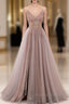 A-Line V Neck Tulle Beading Pink Long Formal Prom Dress. Pink Formal Dress