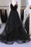 A Line V Neck Tulle Black Ball Gown, Black Formal Prom, Black Formal Prom