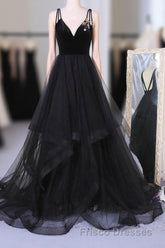 A Line V Neck Tulle Black Ball Gown, Black Formal Prom, Black Formal Prom