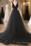 A-Line V Neck Tulle Black Long Formal Prom Dress
