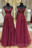 A-Line V Neck Tulle Lace Burgundy Long Formal Prom Dress, Burgundy Long Formal Dress