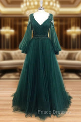 A-Line V Neck Tulle Lace Green Long Formal Prom Dress, Green Formal Evening Dress