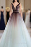 A-Line V Neck Tulle Long Brown Formal Prom Dress, Tulle Long Evening Dress