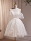 A-Line V Neck Tulle Short Beige Formal Prom Dress, Cute Beige Homecoming Dress