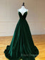 A-Line V Neck Velvet Green Long Formal Prom Dress, Green Velvet Formal Dress