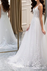 A Line V Neck White Lace Long Formal Prom Dresses, White Lace Wedding Dresses, White Formal Evening Dresses