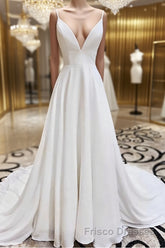 A Line V Neck White Wedding Dresses with Lace Back, White V Neck Formal Prom Formal Dresses