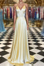 A Line V Neck Yellow Long Formal Prom Dresses, Yellow Long Backless Formal Evening Dresses