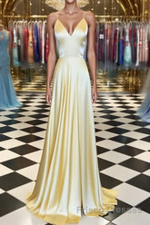 A Line V Neck Yellow Long Formal Prom Dresses, Yellow Long Backless Formal Evening Dresses