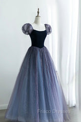 A-Line Velvet Tulle Long Formal Prom Dress, Cute Short Sleeve Evening Party Dress