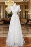 A-Line White Tulle Sequins Short Sleeve Formal Prom Dress