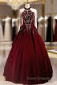 A-Line Wine Red Velvet Beaded Party Dress, Wine Red Long Formal Prom Dress