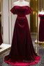 A-Line Wine Red Velvet Sweetheart Wedding Party Dress, Wine Red Velvet Formal Prom Dress