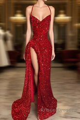 Red Sequins Formal Prom Dress with Slit Shiny Floor-Length Party Dress