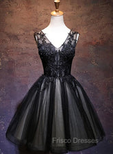 Adorable Black V-neckline Lace and Tulle Party Dress, Short Formal Prom Dress