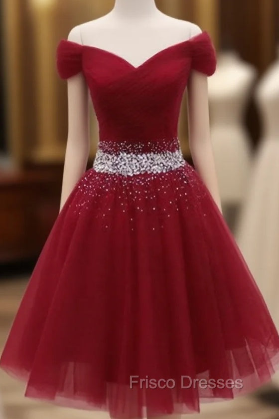 Adorable Dark Red Homecoming Dress , Tulle Off the Shoulder Party Dres   Frisco Dresses