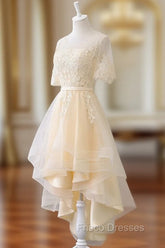 Adorable Light Champagne High Low Party Dress with Lace Applique, Short Homecoming Dress