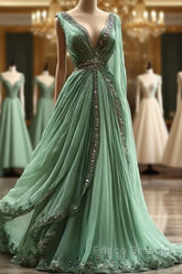 Aesthetic A-Line V Neckline Green Tulle Long Formal Prom Dress Sweet Beaded Evening Dress