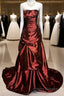 Aesthetic Ball Gown Strapless Burgundy Taffeta Formal Prom Dress Ruffle Long Party Dress