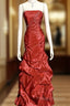 Aesthetic Mermaid Strapless Neckline Red Taffeta Formal Prom Dress Ruffle Long Party Dress