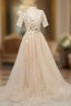 Appliques Tulle Lace Light Champagne Long Formal Prom Dress