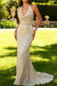 Apricot Mermaid Halter Sequins Open Back Long Prom Dress