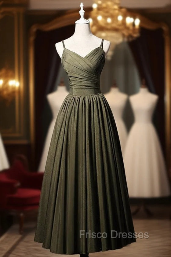 Army Green Satin Spaghetti Straps Pleats Formal Prom Dress – Frisco Dresses