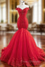 At Great Prices Red Mermaid Tulle Off the Shoulder Handwork Formal Prom Dress