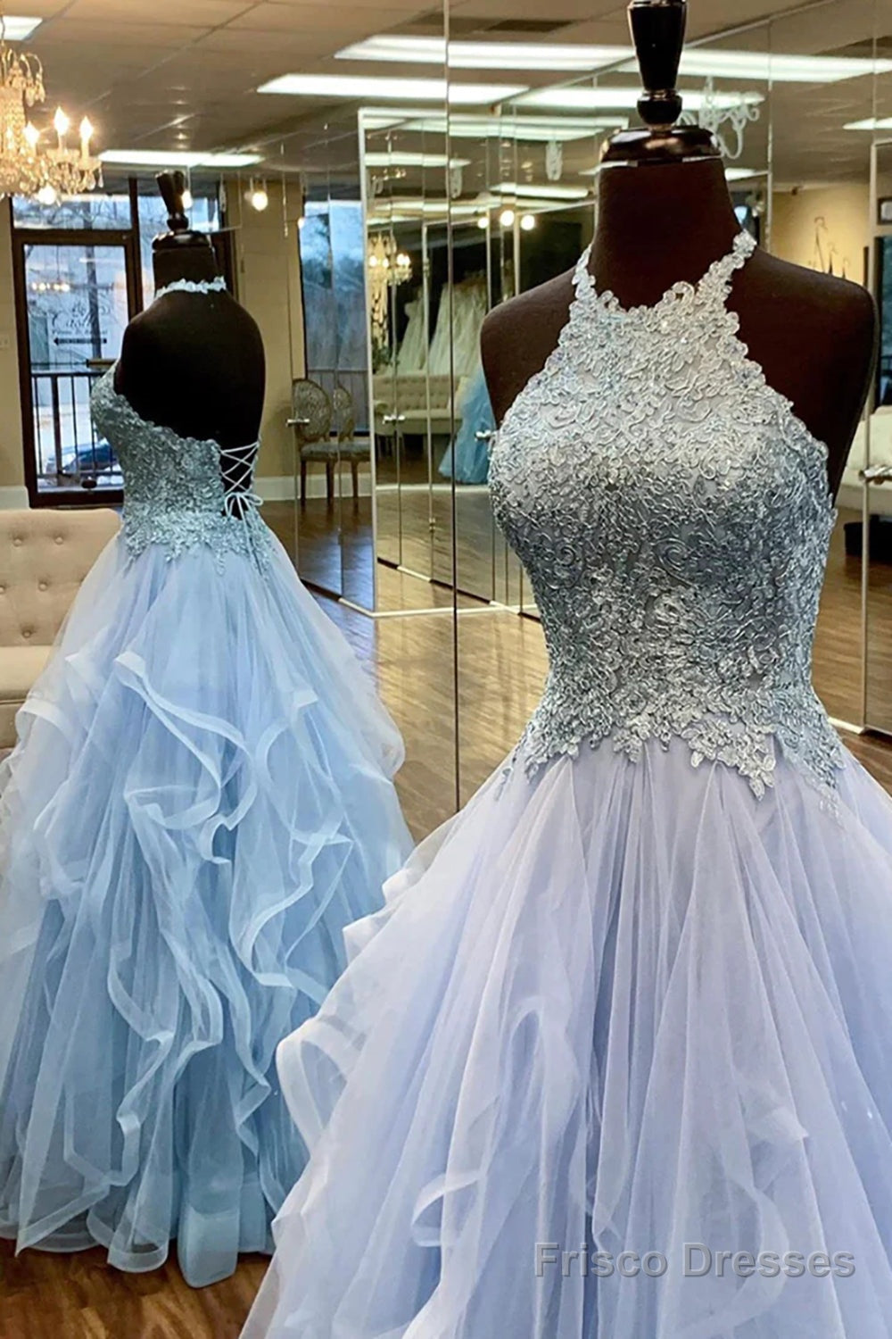 Baby Blue Prom Dress A Line Halter Long Party Evening Dress With Appli