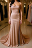 Backless Champagne Long Formal Prom Dresses with High Slit, Long Champagne Formal Graduation Evening Dresses