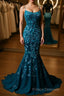Backless Mermaid Dark Teal Lace Long Formal Prom Dresses, Mermaid Teal Lace Long Formal Evening Dresses