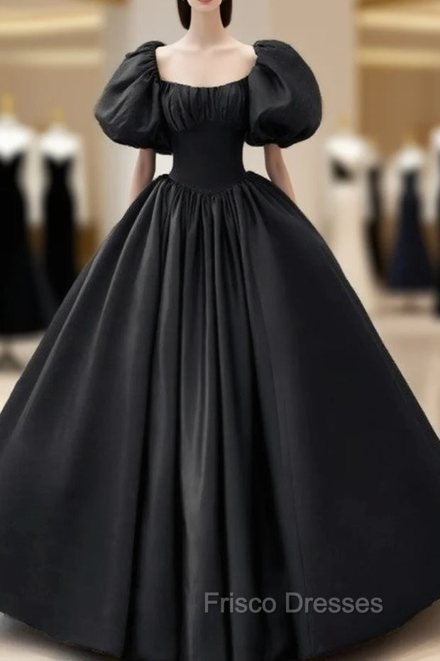 Ball Gown Black Satin Wedding Dress Puffy Sleeves – Frisco Dresses