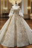 Ball Gown Champagne Tulle Gold Lace Appliques Ruff Sleeve Wedding Dress