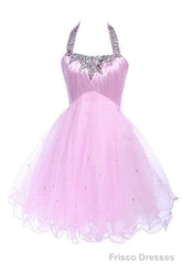 Ball Gown Halter Knee Length Satin Tulle Homecoming Dress With Beading