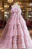 Ball Gown Pink Tulle Spaghetti Strap Long Formal Prom Evening Dress, Pink Sweet 16 Dress