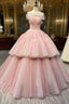 Ball Gown Pink Tulle Strapless Long Formal Prom Evening Dress, Pink Sweet 16 Dress