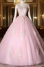 Ball Gown Pink V-Neck Formal Prom Dress Tulle Applique Long Formal Dress