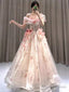 Ball Gown Strapless Champagne Floral Prom Dress Long Party Dresses