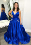 Ball Gown V Neck Spaghetti Straps Sweep Train Satin Prom Dresses With Pockets Beading