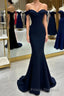 Long Navy Formal Prom Dress Mermaid Off-the-Shoulder Sweetheart Sleeveless