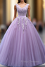 Be The Formal Prom Queen In Purple Ball Gown Tulle V-neck Appliques Beading Quinceanera Dress