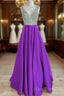 Beaded V Neck Long Satin Violet Formal Prom Dress