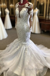 Beading Mermaid Sheer Tulle Wedding Dress Appliques Long Sleeves Bridal Dress