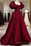 Beautiful Ball Gown Square Neckline Satin Long Red Formal Prom Dress