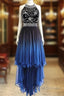Beautiful Beaded High Low Chiffon Gradient Party Dress, Blue Homecoming Dress