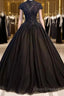 Beautiful Black Cap Sleeves Long Tulle Party Dress, Black Formal Prom Dress