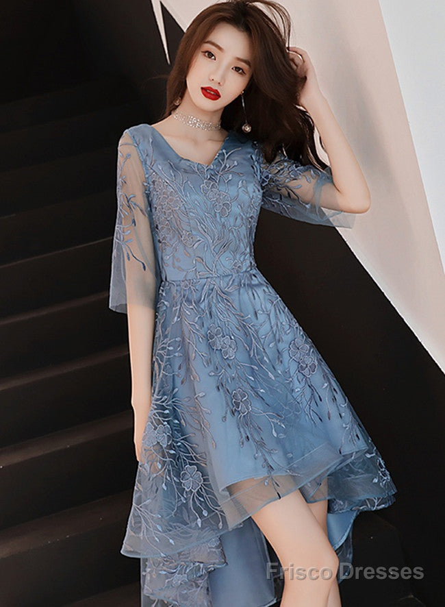 Beautiful Blue High Low Party Dress Homecoming Dress, Blue Lace Prom D