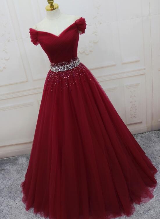 Beautiful Burgundy Long Tulle Off Shoulder Prom Dress , Junior Prom Dr